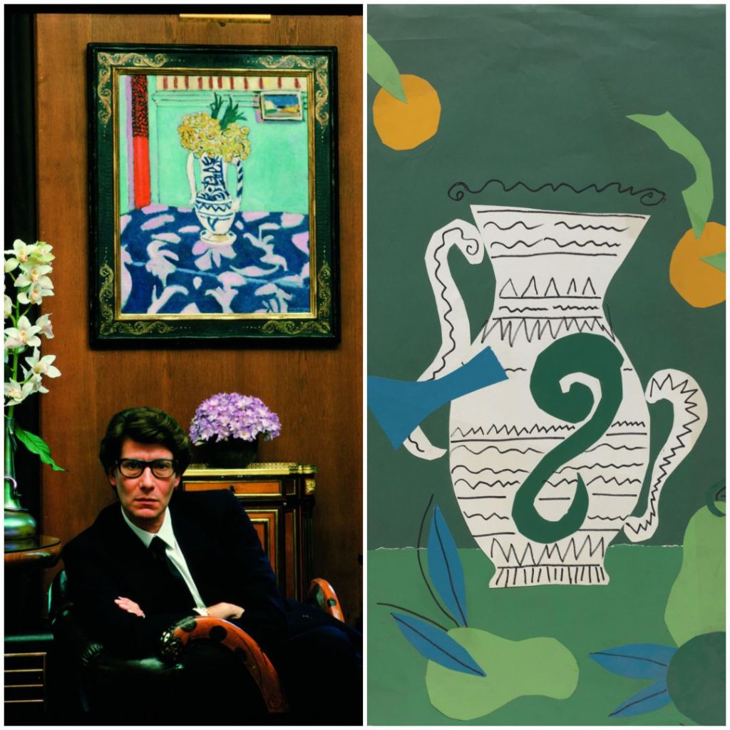 A gauche : Yves Saint Laurent avec le tableau de Matisse
Les Coucous, tapis bleu et rose, dans son appartement
55, rue de Babylone, Paris, 1983
© Photo : Duane Michals. Courtesy of DC Moore Gallery,
New York
A droite : Yves Saint Laurent, jarre avec fruits, 1981
Collage sur papier, 73,5 × 50,5 cm
Musée Yves Saint Laurent Paris
© Yves Saint Laurent
© Fondation Pierre Bergé–Yves Saint Laurent