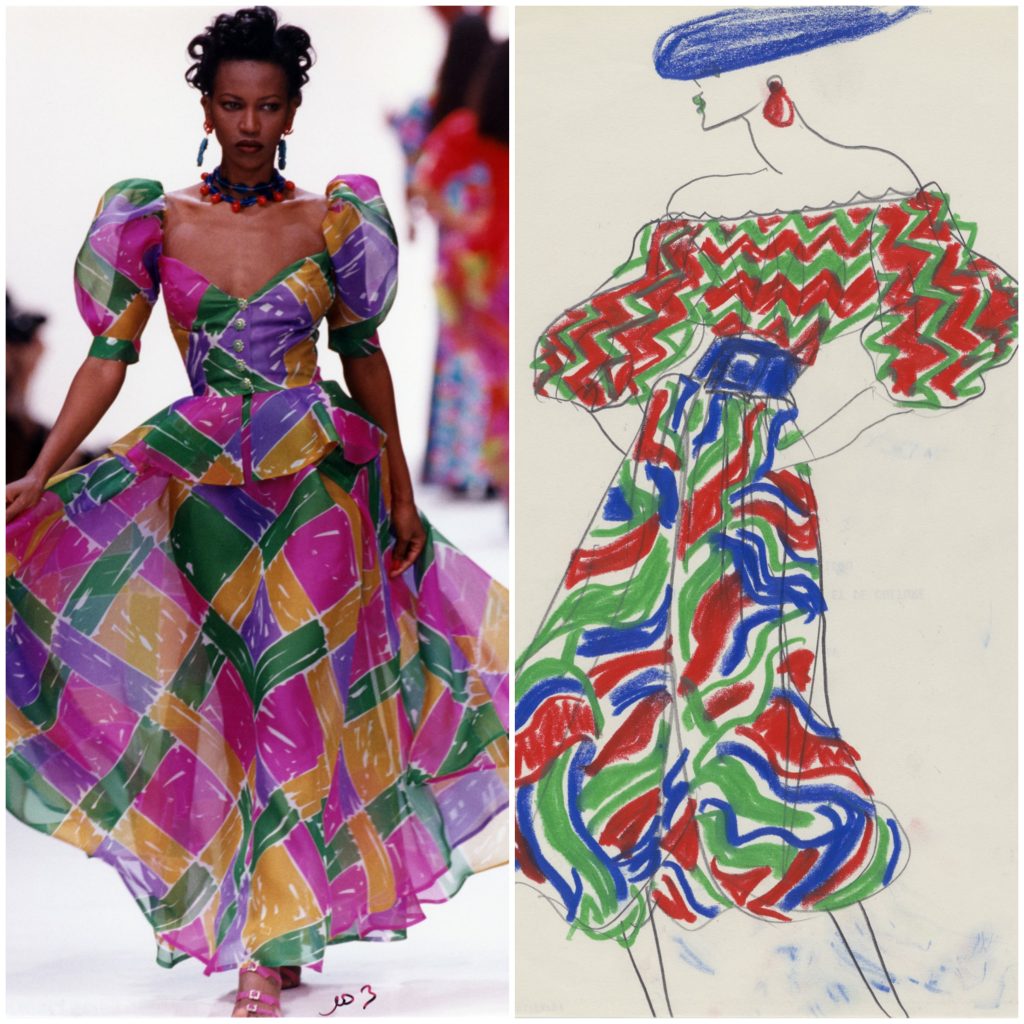 A gauche : Yves Saint Laurent, ensemble de soir porté par Amalia Vairelli
Collection SAINT LAURENT rive gauche printemps-été 1994.
Cour du Louvre, Paris, octobre 1993
Musée Yves Saint Laurent Paris
Photo © Guy Marineau
A droite : Yves Saint Laurent, croquis original d'un ensemble de soir,
collection SAINT LAURENT rive gauche printemps-été 1988
Pastel et crayon graphite sur papier, 29,6 × 21 cm
Musée Yves Saint Laurent Paris
© Yves Saint Laurent
© Fondation Pierre Bergé–Yves Saint Laurent